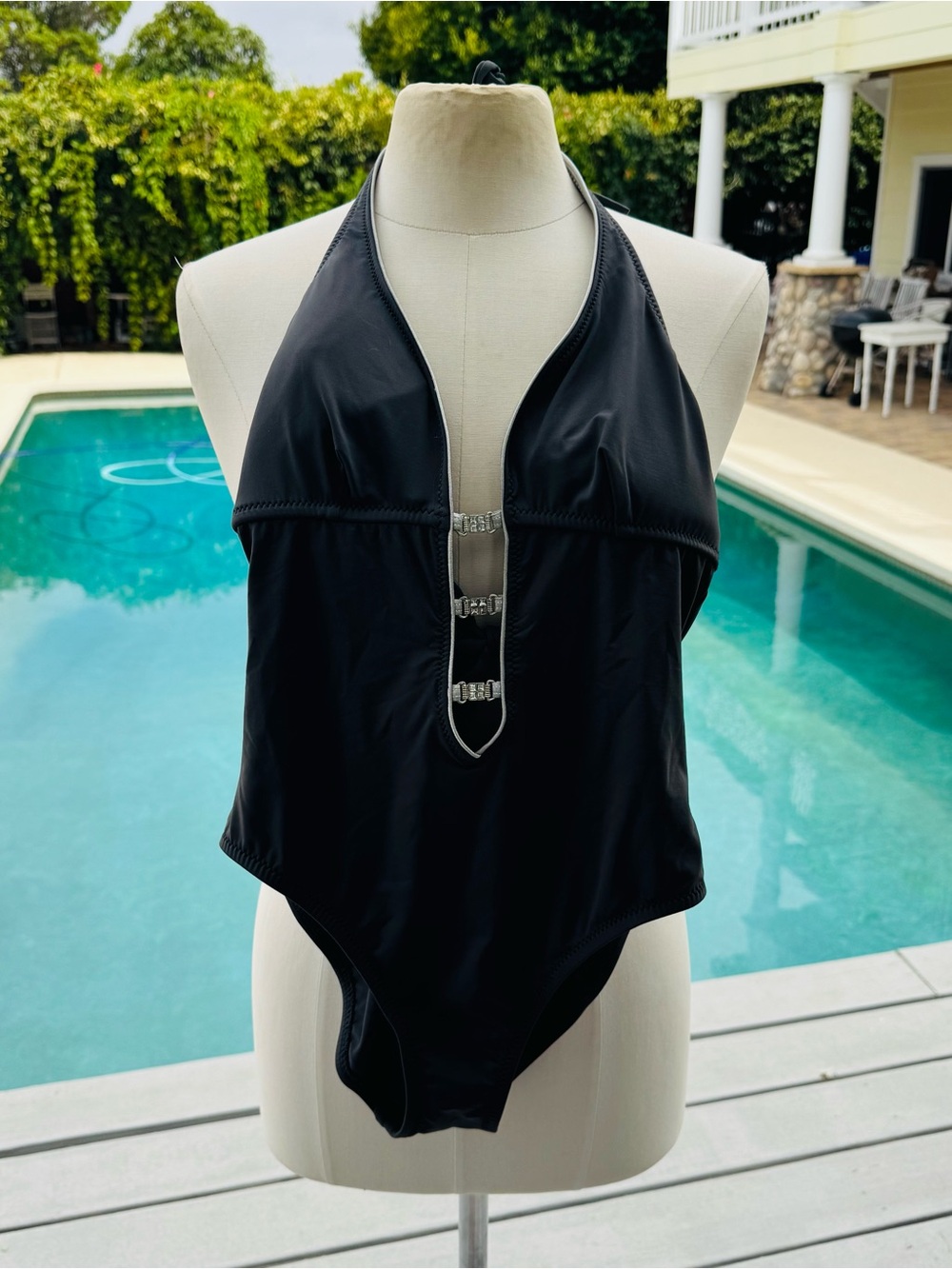 Boston Proper Gray  Halter One-Piece Swimsuit with Rhinestone Front Clip Details